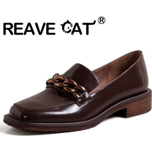 REAVE CAT 2021 Fashion Genuine Leather Ladies Flats Round Toe Chains Lofers 2.5cm Chunky Heel Shoes Size 34-40 Black Brown A4261