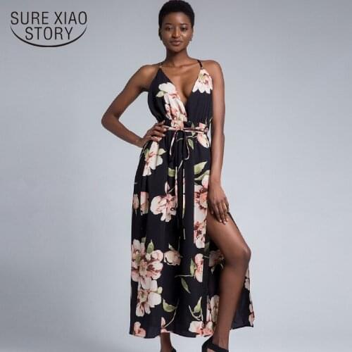 Women dress sexy summer dress 2021 vestidos de verano v-neck floral print chiffon summer dress women maxi dress vestidos 3351 50