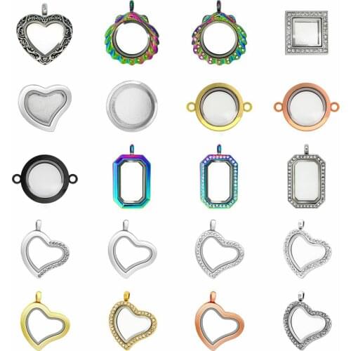 1pc Good Quality Square Heart Round Alloy Glass Memory Locket Pendant