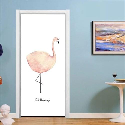 2pc/set Cartoon Flamingo Door Sticker DIY Self-adhesive Waterproof Wallpaper Living Room Bedroom Mural Decals Poster de portes