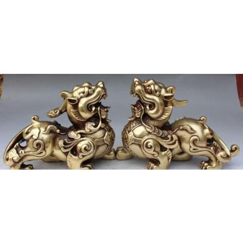 8" Fengshui Bronze Wealth Money Dragon Pi Xiu kylin Unicorn Animal Statue a pair
