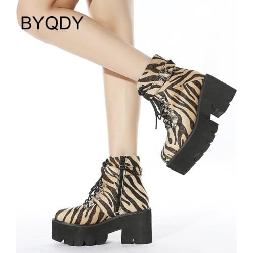 BYQDY 2021 New Arrivals Horse Hair Lace-UP Women Ankle Boots Ankle Buckles Brown Leopard Female Shoes Side Zipper Opening Boots