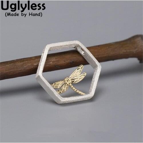Uglyless Hexagon Grilles China Chic Jewelry for Women Handmade Dragonfly Insects Pendants Necklaces 925 Silver Jewelry NO Chains