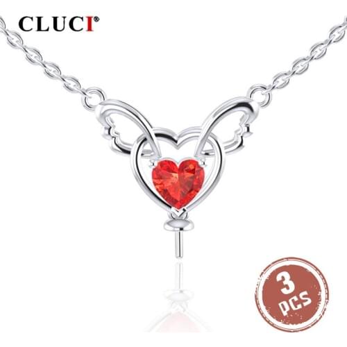 CLUCI 3pcs Silver 925 Big Red Heart Zircon Pendant Jewelry 925 Sterling Silver Pearl Mounting Valentine Day Women Gift SN056SB