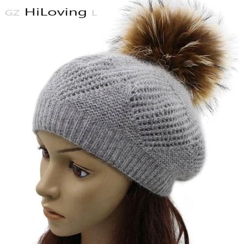 GZHilovingL 2017 New Women Beret Beanie Hats Caps Autumn Winter Femal Girls Wool Knitted Skullies Beanies With Real Fur Pompom