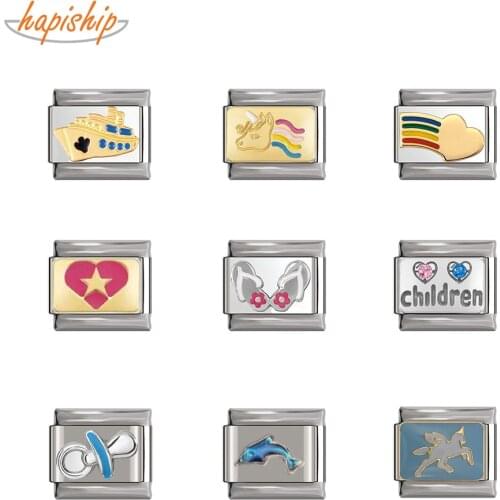 Hapiship 2021 New Fashion Sweet Dolphin Children Heart Rainbow Charm Links Fit 9mm Bracelet Stainless Steel Diy Making DJTop61