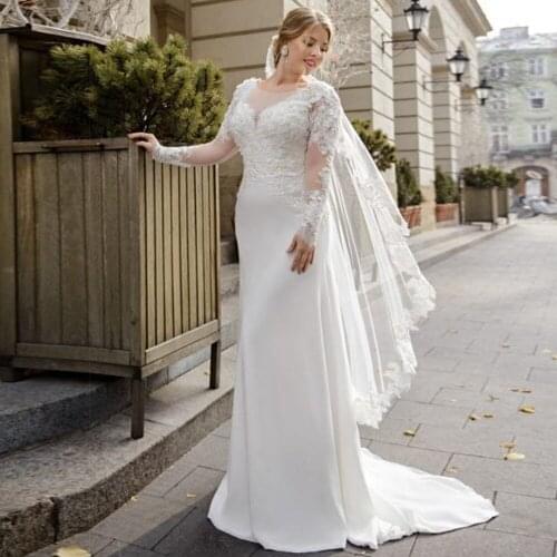 Graceful Plus Size Long Sleeve Wedding Dress Sheath Ivory Sweep Train Boho Chiffon Beach Dubai Arabic Bridal Gowns 2021