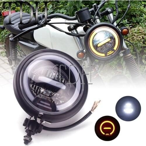 Cafe Racer Motorcycle LED Headlamp Headlight DRL For Harley Honda 883 Dyna Bobber Sportster Amber High Low Beam Running Light