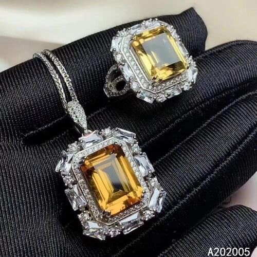 KJJEAXCMY Fine Jewelry 925 sterling silver inlaid Citrine female gemstone ring pendant set trendy