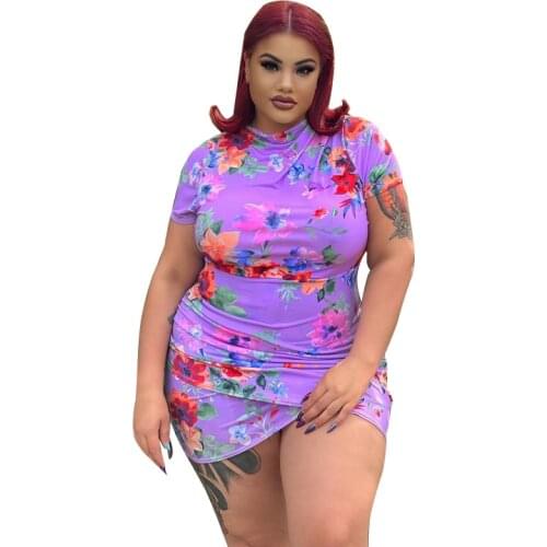 Summer Dresses for Women Short Sleeve Draped High Waist Mini Dress Purple Floral Sexy Dress Bodycon Wholesale Dropshipping