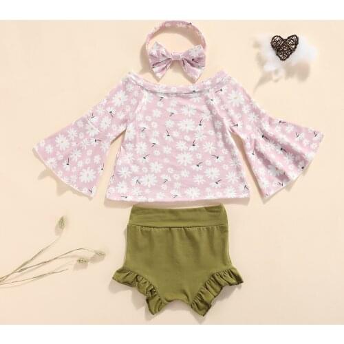 2Pcs Toddler Summer Tracksuit, Girls Floral Off-Shoulder Butterfly Sleeve Blouse + Frilly Shorts + Headband, 6 Months to 3 Years