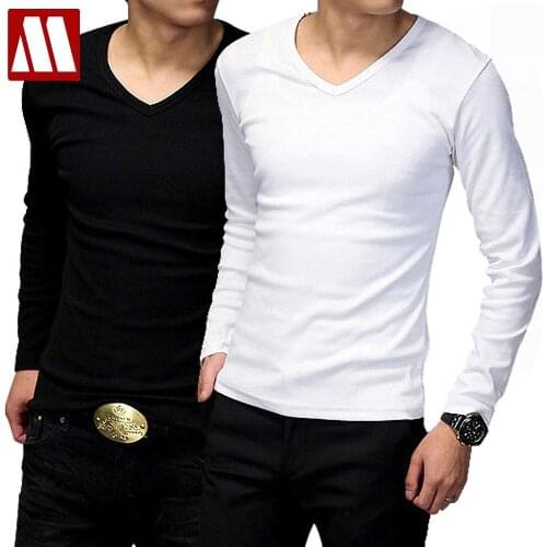 Mens V Neck Tops Tees Mens Long Sleeve T-shirt Slim Fit Stretch Men Bottoming Shirt Casual Cotton T Shirts 2021 Spring Autumn