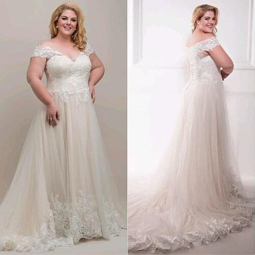 New Elegant Champagne Wedding Dress with Appliques Plus Size V-Neck Fabulous Tulle Off-the-shoulder Gowns Lace Bridal Dress
