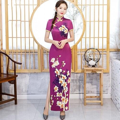 Plus Size 5XL Elegant Women New Satin Long Fork Cheongsam Retro Oriental Bride Wedding Dress Lady Classic Slim Bodycon Qipao