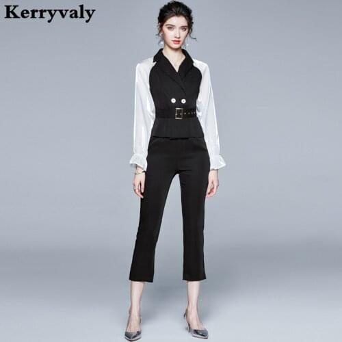 Autumn 2 Piece Sets Womens Outfits Organza Stitching Shirt Top + black High Waist Pants Suit Two-Piece Set Belt Included K6336