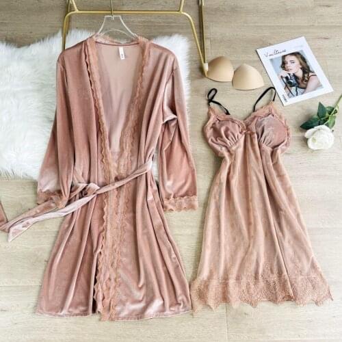 Autumn Velvet Nighty&Robe Set Nightgown Female Sleepwear Sexy White Lace Kimono Gown Nightwear Loose Casual Velour Home Clothes