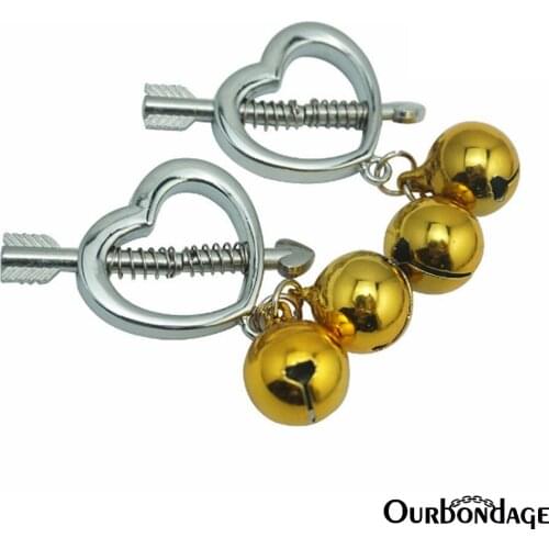 Ourbondage Stainless Steel Cupid‘s Arrow Nipple Clamps Clips With Bells Adult Sex Toys For Women
