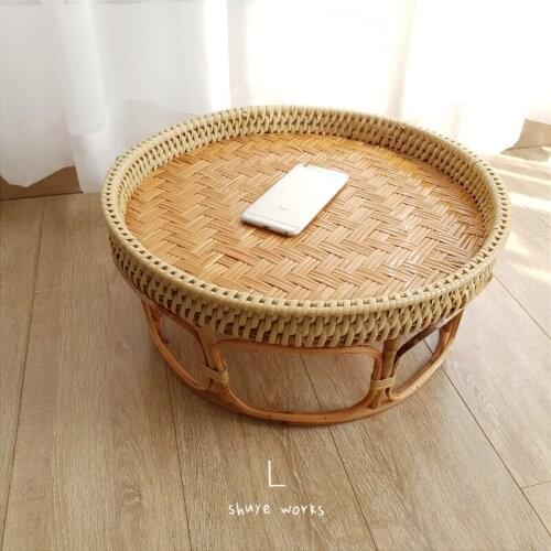 Japanese Rattan Woven Small Coffee Table Handmade Bamboo Bed Table Bay Window Low Tables Snack Tray Picnics Small Round Tables