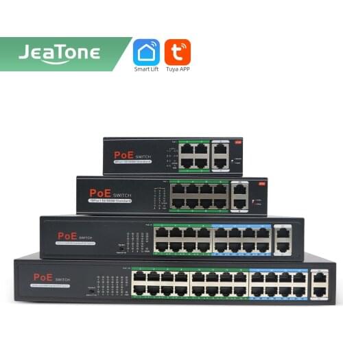 Jeatone 250m 4/8/16/24+2-port Extend Ethernet Splitter Switch with 8-Ports PoE+2-Uplink 10/100Mbps for IP camera/ Video intercom