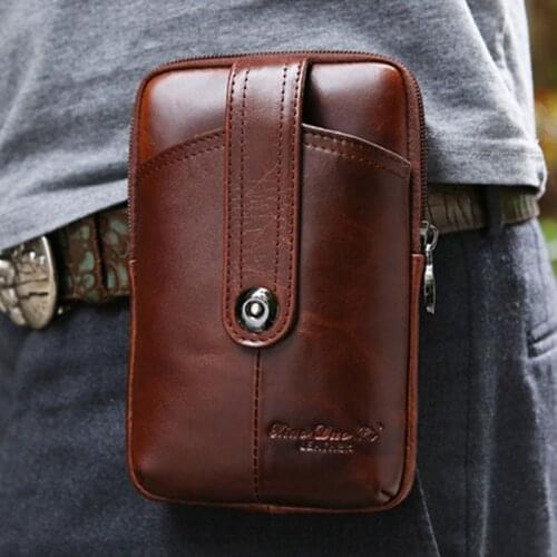 Mens Genuine Leather Cowhide Vintage Snap Button Belt Hip Fanny Pack Waist Bag Purse For Cell Mobile/Phone Case Cover Bags