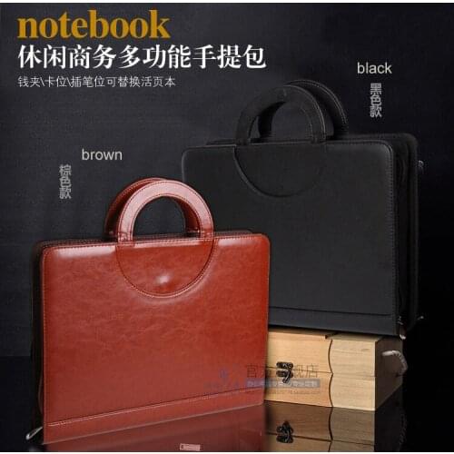 High-quality zipper business A4 leather file folder manager bag briefcase portfolio with handle calculator spring binder 442C