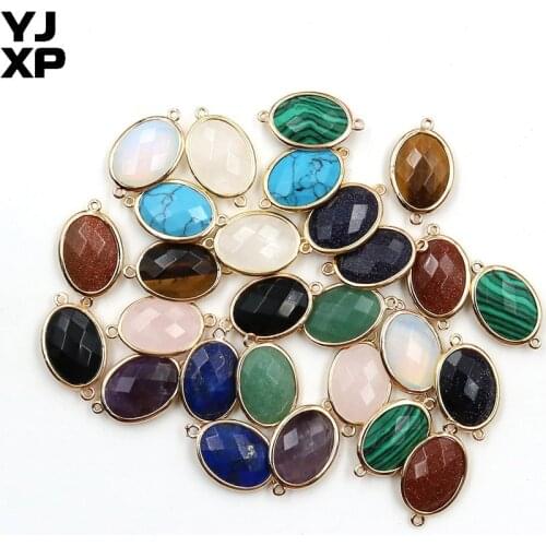 YJXP Double Buckle Connector Natural Stone Crystal Quartzs Oval Shape Beads Charms for DIY Bracelets Fittings Necklace Jewelry