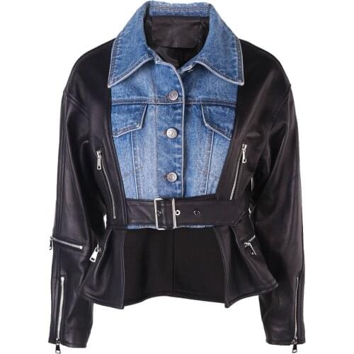 YOLOAgain 2021 New Design Women Real Leather Jacket Denim Panel Leather Jacket For Ladies