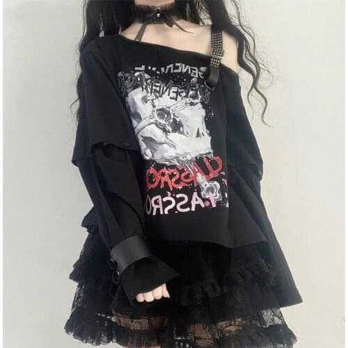 Y2k T-shirt Women Harajuku Black Vintage Tops Skull Print Off Shoulder Belted Tee Shirt Summer 2021 Japan animation Streetwear