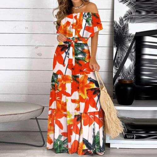 Women Casual Short Sleeve Beach Long Dress Sexy Off Shoulder Ruffle Summer Dress Elegant Floral Print Maxi Party Dresses Vestido