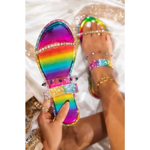 2021 Summer Rainbow Shoes Ladies Flat Sandals Open Toe Rhinestone Slippers Fashion Rivet Outdoor Womens Shoes Plus Size 43