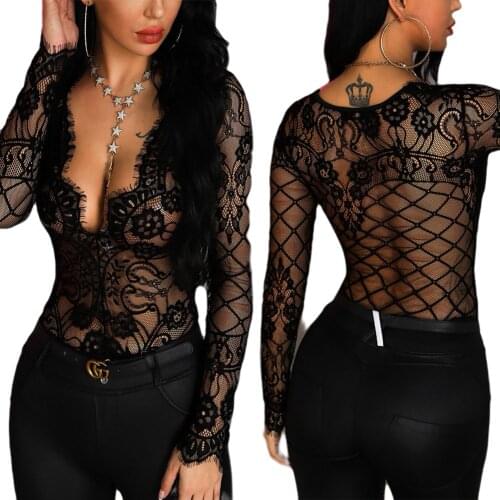 Women Black Sexy Jumpsuit See-through Long Sleeve Deep Vneck One-piece Mesh Sexy Bodysuit Underwear Night Lace Bodysuit Jumpsuit