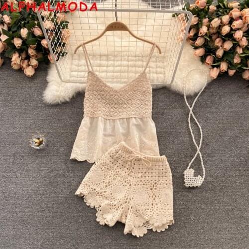 ALPHALMODA Seaside Holiday Suit Womens Summer Wear 2021 New Retro Crochet Hollow Knitted Suspender Top + Shorts 2pcs Set
