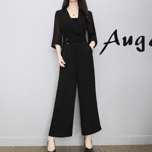 Black Elegant Jumpsuits For Women 2019 Summer Chiffon Seven Sleeve Wide Leg Womens Playsuit Ol Business Jumpsuit Zip DD2087