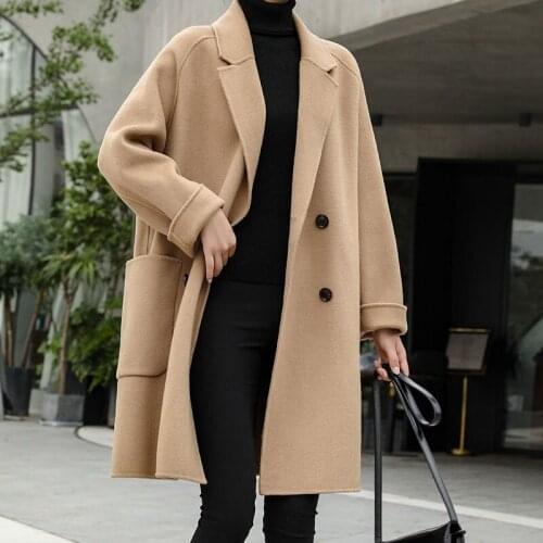 Women 2021 Autumn Winter Chic Wool Coats Female Solid Long Sleeve Double-breasted Outerwear Turn Down Collar Elegant Coat A320