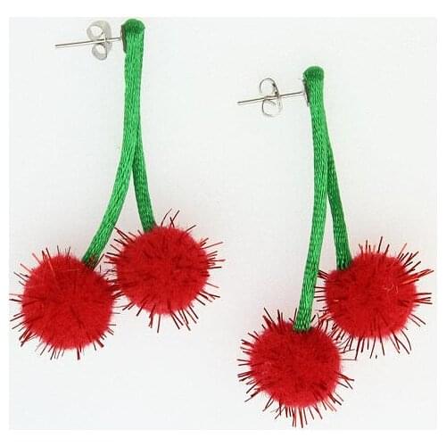 1 pair handmade glitter pom pom cherry earrings kawaii women jewelry red cherry bomb eardrop ornament