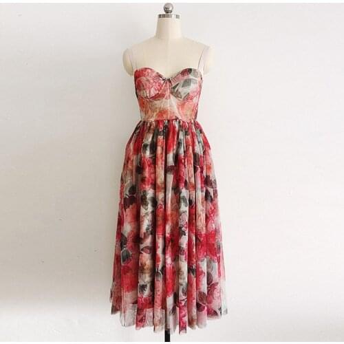 2021 summer women rose flower printed red dresses soft mesh quality Spaghetti Strap dress
