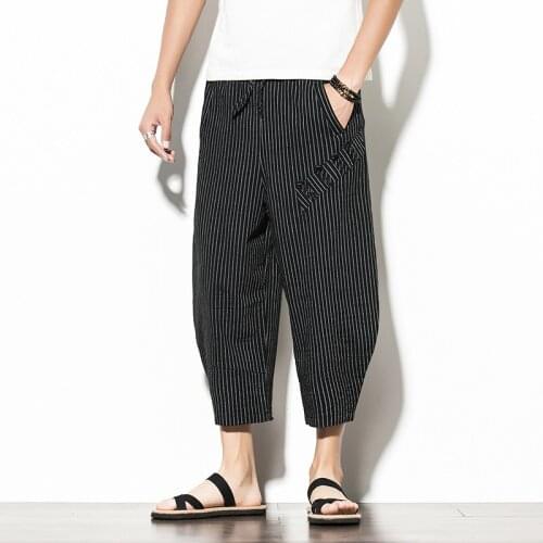 #2575 Summer Striped Harem Pants Men Cotton Linen Trousers Casual Vintage Hip Hop Trousers Loose Thin Calf-Length Mens Joggers
