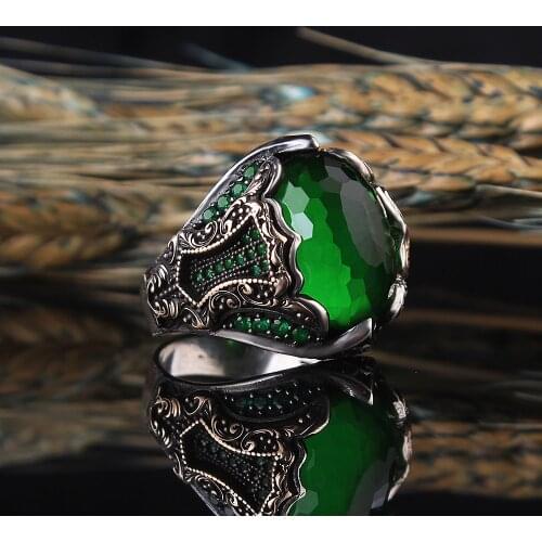 925 sterling Silver Detailed Designed Crystal Cut Green Zircon Men Ring