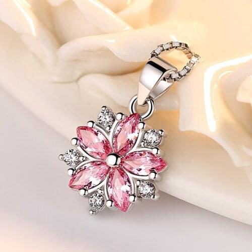 925 Sterling Silver Pink Clear Crystal Zircon Cherry Blossom Flower Chain Necklace For Women choker Necklace Pendants