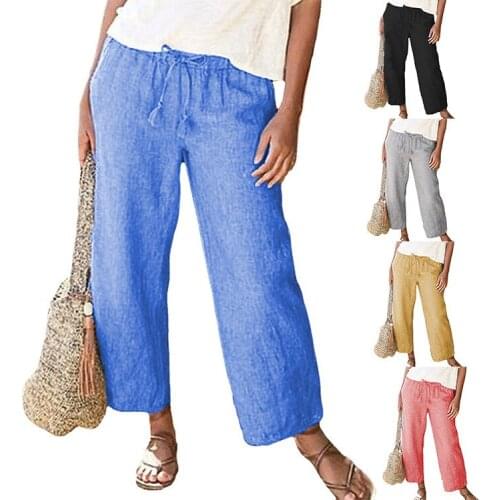 Womens Straight Leg Cotton Hemp Drawstring Loose Wide Leg Pants Solid Color Elastic Waist Linen Wide Leg Trousers Summer Pants