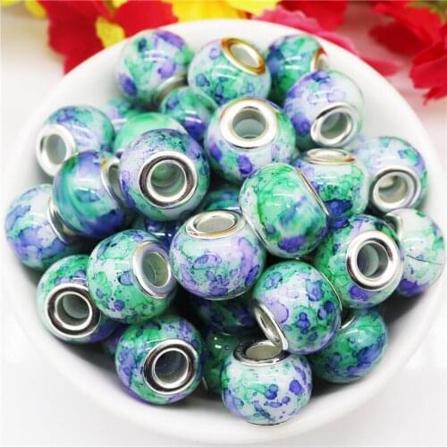 20 Pcs Blue Green Color Flower Glass Beads Large Hole Glass Beads Spacer Charms Fit European Pandora Bracelet Women DIY Jewelry