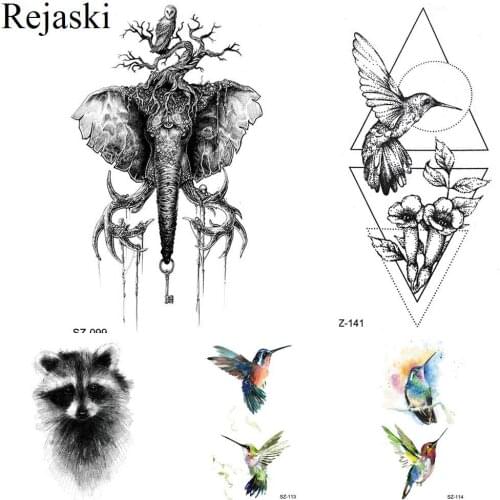 Black Geometry Tattoo Stickers Women Body Art Painting Temporary Tattoo Elephant Totem Waterproof Tatoo Ganesha Birds Paste