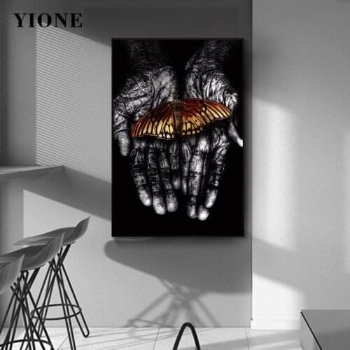 Black Hands with Butterfly Art Prints Painting Modern Animal Cherish Wall Poster Canvas Picture for Living Room Home Decoration