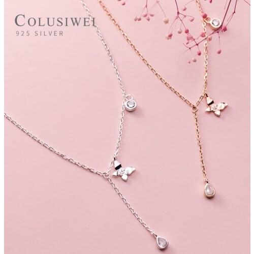 Colusiwei Pure 925 Sterling Silver Mini Tiny Round Zircon Butterfly Tassel Water Drop Shape Pendant for Women Fine Jewelry Gift