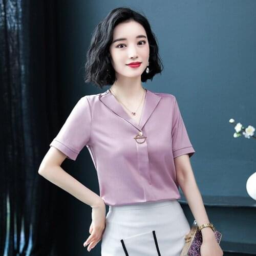 Korean Fashion Silk Women Blouses Office Lady Button Womens Tops and Blouses Short Sleeve Shirts Plus Size Blusas Largas