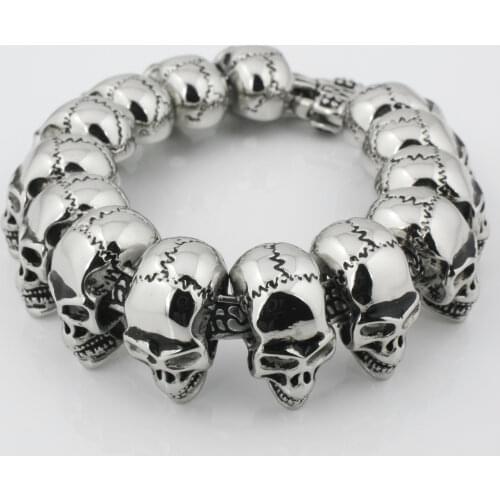 LINSION 316L Stainless Steel Mens Skulls Bracelet Biker Link Chain 5Q010 Free Shipping