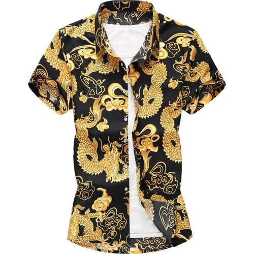 2019 New Arrival Summer Mens Shirts Dragon Printed Short-Sleeved Casual Shirt Men Plus Size Clothing Stylish Social Blouse Man