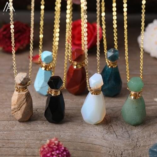 Natural Pink Amethysts Quartz Labradorite Stone Perfume Bottle Pendant Womem Crystal Gold Essential Oil Diffuser Vial Necklace