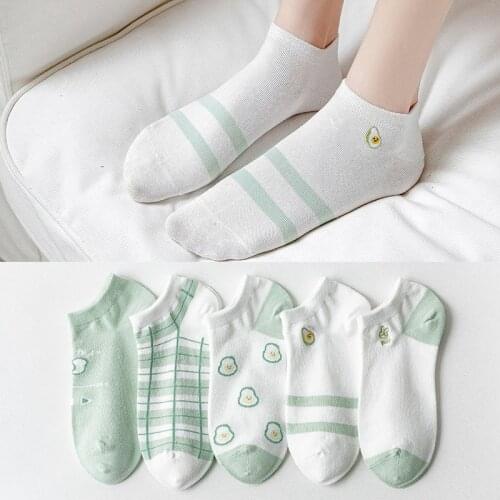 The New Women Green Cotton Breathable Short Heel Boat Socks Personalized Shallow Mouth High Quality Embroidery 5 Pairs Female