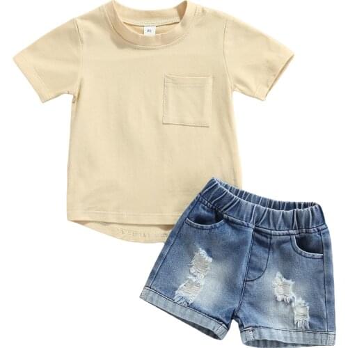 0-4Y Casual Kids Baby Boy Summer Clothes Sets Solid Color Short Sleeve T-Shirt with Front Pocket+Holes Denim Shorts Boy Outfit
